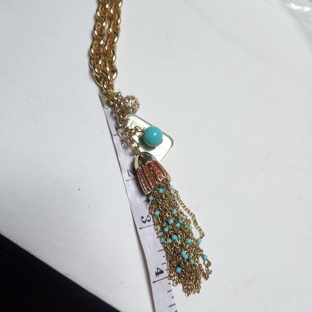 Lilly Pulitzer Gold Seahorse Tassel Statement Necklace Turquoise Coral Nautical - Picture 4 of 16